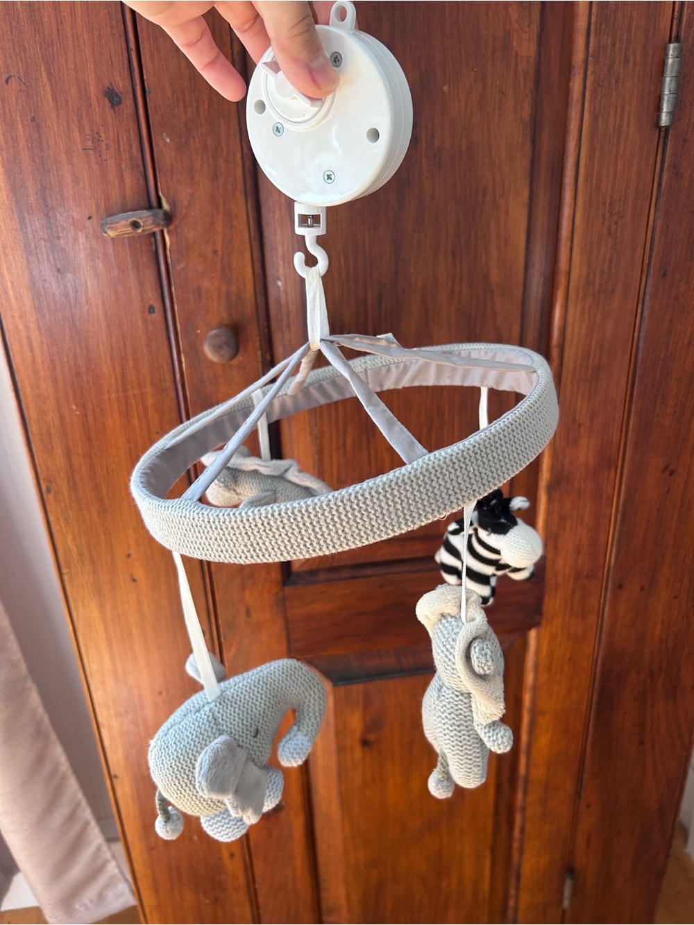 Pottery Barn Kids Gray Knit Nursery Mobile with Soft Animal Plushies